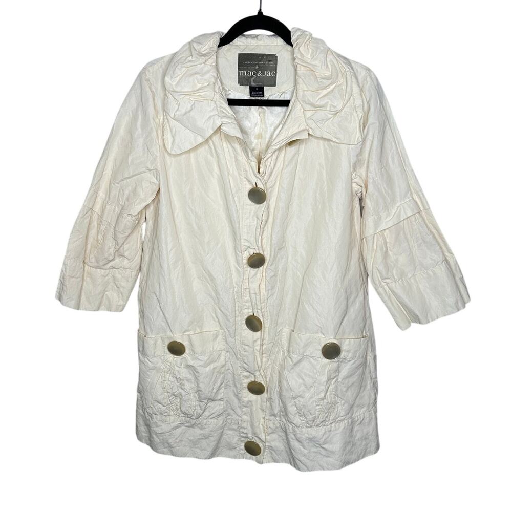 Mac & Jac White Cream Textured Utility Coat Jacket S Cargo 3/4 Puff Slv Button
